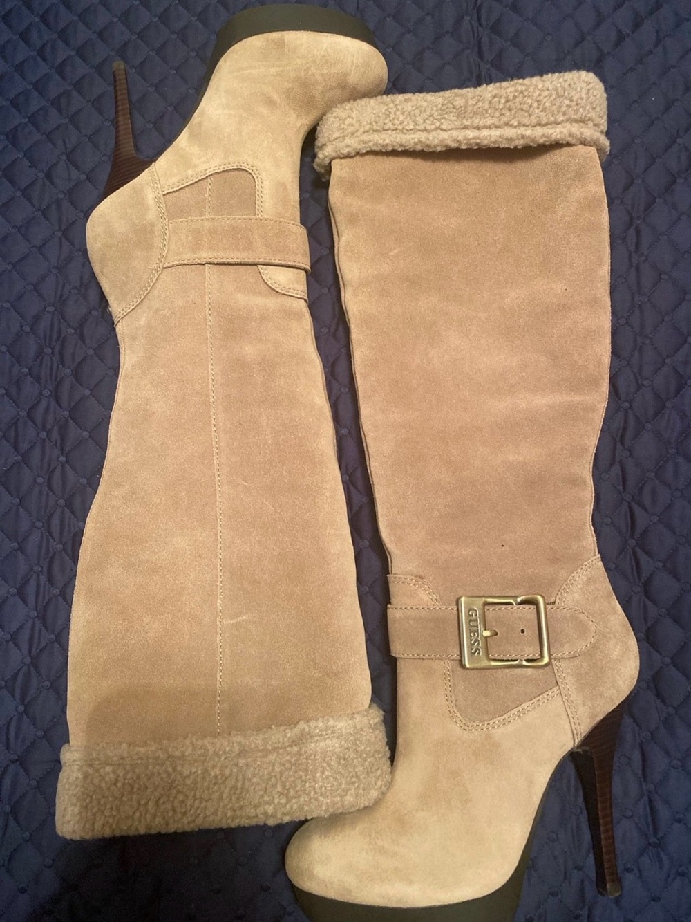 Guess Tan Suede Shearling-Trim Knee-High Heeled Boots